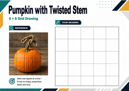 Pumpkin with Twisted Stem Grid Drawing Worksheet | Detailed Autumn Art | KS3 KS4