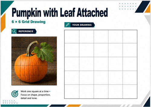 Pumpkin with Leaf Grid Drawing Worksheet | Botanical Autumn Art Activity | KS3 KS4