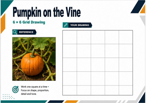 Pumpkin on the Vine Grid Drawing Worksheet | Nature & Autumn Art | KS3 KS4