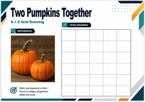 Two Pumpkins Grid Drawing Worksheet | Autumn Still Life Art Activity | KS3 KS4