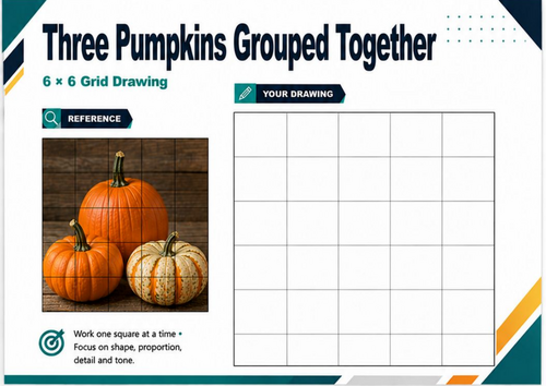 Three Pumpkins Grid Drawing Worksheet | Autumn Still Life Drawing | KS3 KS4 Art