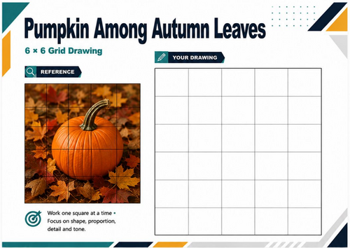 Pumpkin & Autumn Leaves Grid Drawing Worksheet | Autumn Art Activity | KS3 KS4