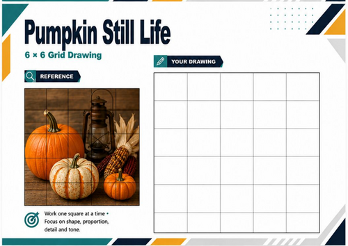 Pumpkin Still Life Grid Drawing Worksheet | Autumn Observational Art Challenge | KS3 KS4
