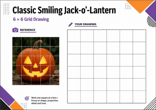 Classic Smiling Jack-o’-Lantern Grid Drawing Worksheet | Halloween Pumpkin Art KS3 KS4