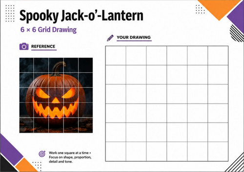 Spooky Jack-o’-Lantern Grid Drawing Worksheet | Halloween Pumpkin Drawing KS3 KS4 Art