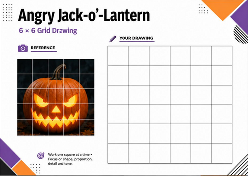 Angry Jack-o’-Lantern Grid Drawing Worksheet | Halloween Art Activity KS3 KS4
