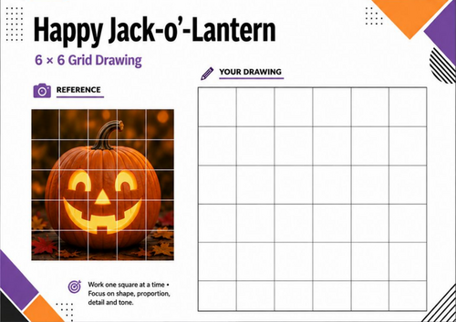 Happy Jack-o’-Lantern Grid Drawing Worksheet | Halloween Pumpkin Art Activity KS3 KS4