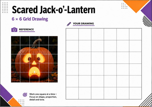 Scared Jack-o’-Lantern Grid Drawing Worksheet | Halloween Pumpkin Drawing Activity