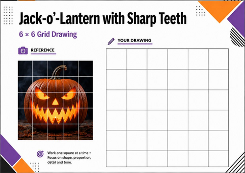 Jack-o’-Lantern with Sharp Teeth Grid Drawing | Halloween Art Worksheet KS3 KS4