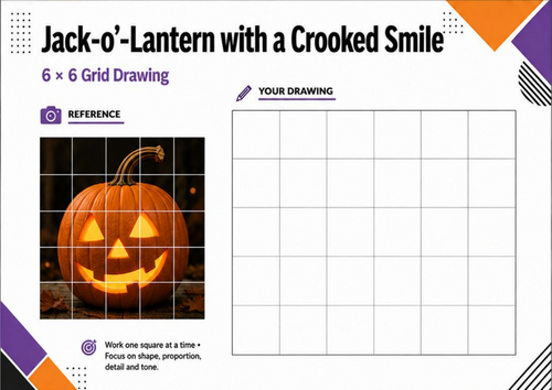 Jack-o’-Lantern Crooked Smile Grid Drawing Worksheet | Halloween Pumpkin Art