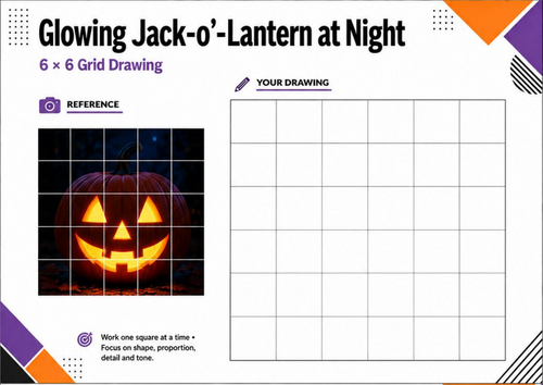Glowing Jack-o’-Lantern at Night Grid Drawing | Halloween Art Worksheet KS3 KS4