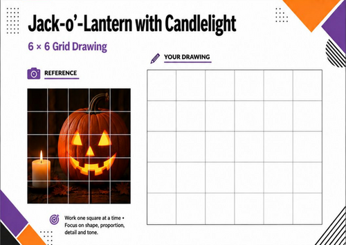 Jack-o’-Lantern with Candlelight Grid Drawing Worksheet | Halloween Art KS3 KS4