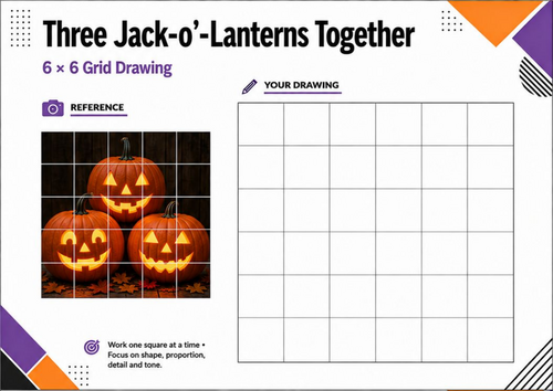 Three Jack-o’-Lanterns Grid Drawing Worksheet | Halloween Pumpkin Art KS3 KS4