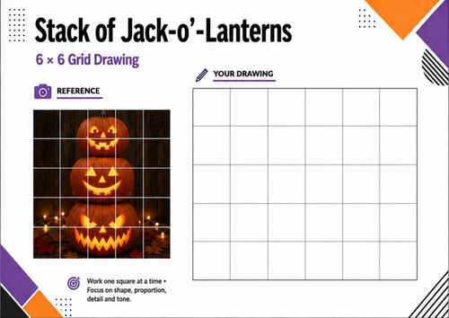 Stack of Jack-o’-Lanterns Grid Drawing Worksheet | Halloween Art Challenge KS3 KS4
