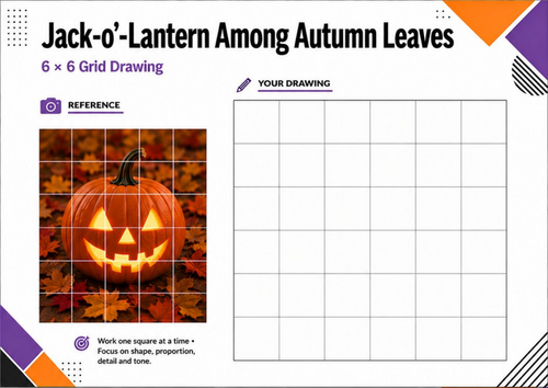 Jack-o’-Lantern Autumn Leaves Grid Drawing Worksheet | Halloween Autumn Art KS3 KS4