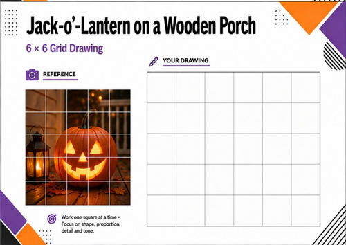 Jack-o’-Lantern on a Wooden Porch Grid Drawing | Halloween Art Worksheet KS3 KS4