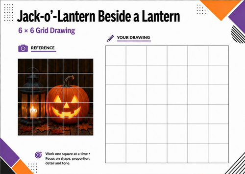 Jack-o’-Lantern Beside a Lantern Grid Drawing Worksheet | Halloween Art KS3 KS4