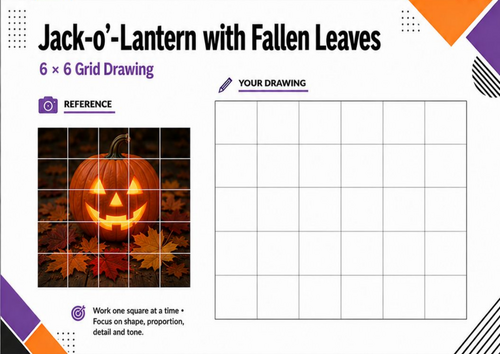 Jack-o’-Lantern with Fallen Leaves Grid Drawing | Halloween Autumn Art Worksheet