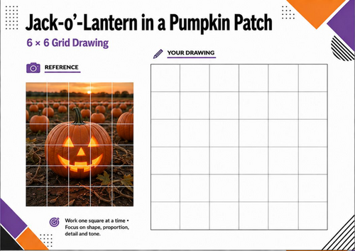 Jack-o’-Lantern Pumpkin Patch Grid Drawing Worksheet | Halloween Art KS3 KS4