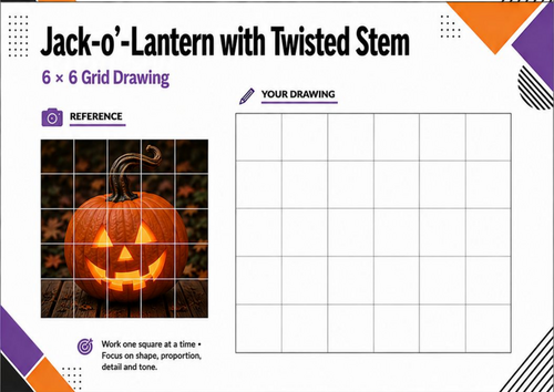 Jack-o’-Lantern with Twisted Stem Grid Drawing Worksheet | Halloween Pumpkin Art