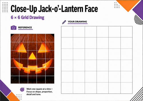 Close-Up Jack-o’-Lantern Face Grid Drawing Worksheet | Halloween Art KS3 KS4