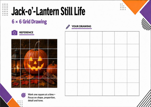 Jack-o’-Lantern Still Life Grid Drawing Worksheet | Halloween Pumpkin Art KS3 KS4