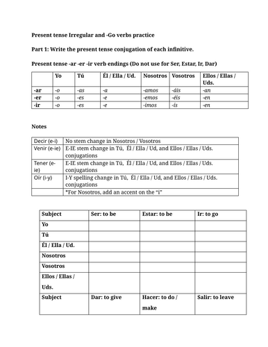 Present tense Irregular and -Go verbs practice