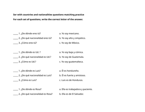 Ser with countries and nationalities questions matching practice