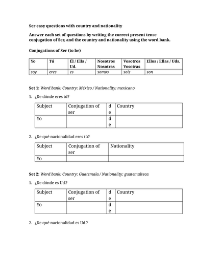 Ser easy questions with country and nationality