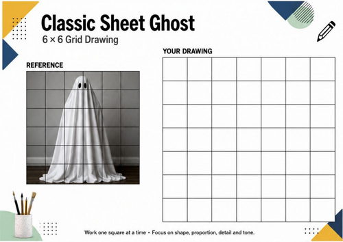 Classic Sheet Ghost Grid Drawing Worksheet | Halloween Art Activity | KS3 KS4