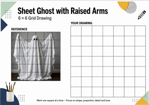 Sheet Ghost with Raised Arms Grid Drawing | Halloween Art Worksheet | KS3 KS4