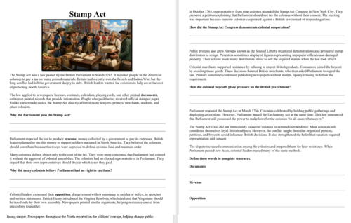 American Revolution "Chunked" Assignment Packet