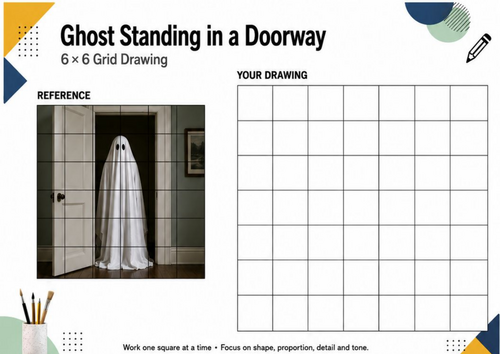Ghost in a Doorway Grid Drawing Worksheet | Halloween Observational Drawing | KS3 Art