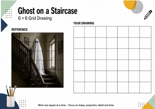 Ghost on a Staircase Grid Drawing Worksheet | Halloween Art Activity | KS3 KS4