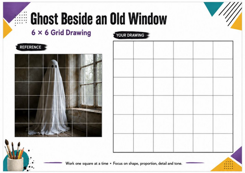 Ghost Beside an Old Window Grid Drawing | Halloween Art Worksheet | KS3 KS4