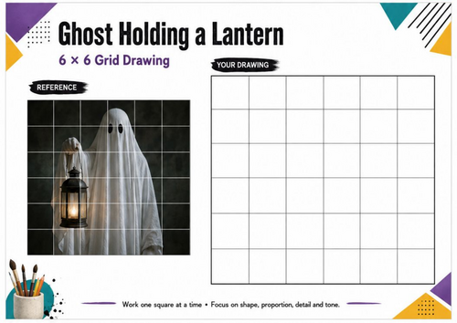 Ghost Holding a Lantern Grid Drawing Worksheet | Halloween Art | KS3 KS4