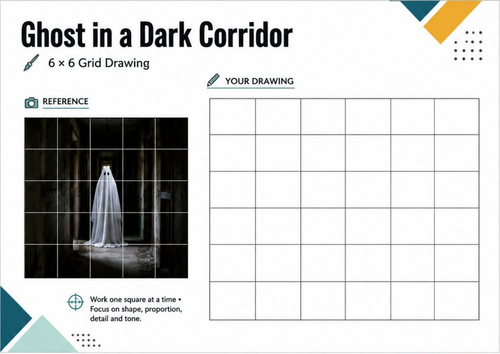 Ghost in a Dark Corridor Grid Drawing | Spooky Halloween Art Worksheet | KS3 KS4