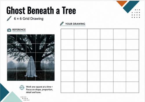 Ghost Beneath a Tree Grid Drawing Worksheet | Halloween Woodland Art | KS3 KS4