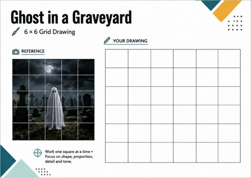 Ghost in a Graveyard Grid Drawing Worksheet | Halloween Art Activity | KS3 KS4