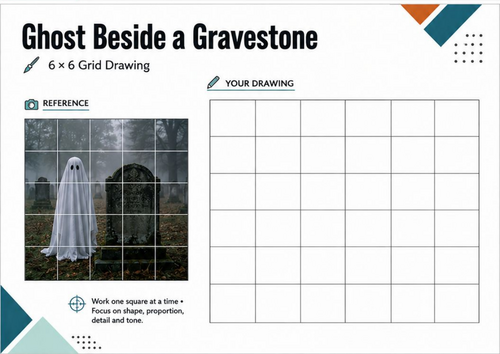 Ghost Beside a Gravestone Grid Drawing | Halloween Art Worksheet | KS3 KS4