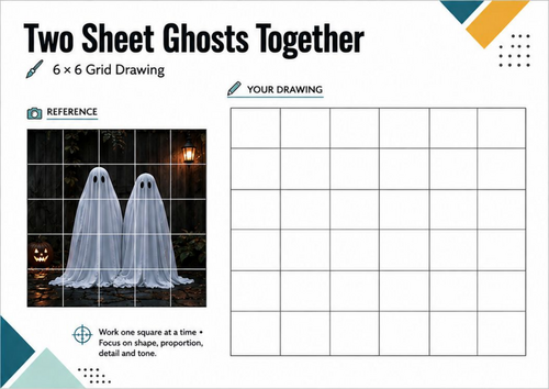 Two Sheet Ghosts Grid Drawing Worksheet | Halloween Art Activity | KS3 KS4