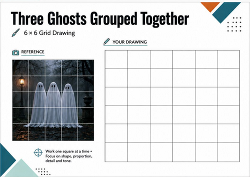 Three Ghosts Grid Drawing Worksheet | Halloween Observational Art | KS3 KS4