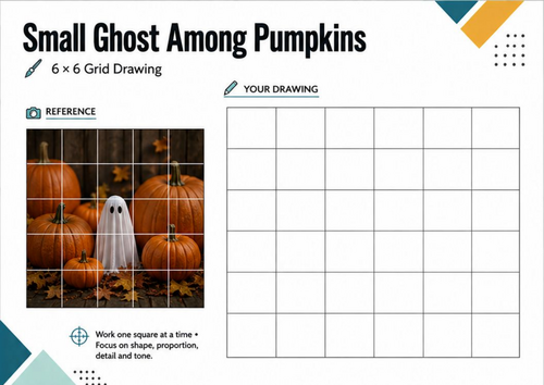 Ghost and Pumpkins Grid Drawing Worksheet | Halloween Art Activity | KS3 KS4