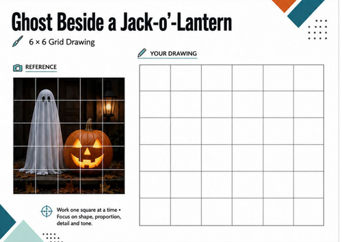 Ghost & Jack-o'-Lantern Grid Drawing | Halloween Art Worksheet | KS3 KS4