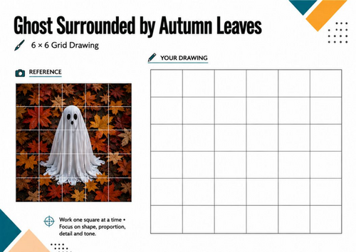 Ghost & Autumn Leaves Grid Drawing Worksheet | Halloween Art | KS3 KS4