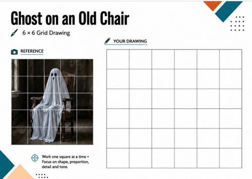 Ghost on an Old Chair Grid Drawing Worksheet | Halloween Art Activity | KS3 KS4
