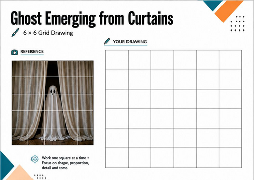 Ghost Emerging from Curtains Grid Drawing | Halloween Art Worksheet | KS3 KS4