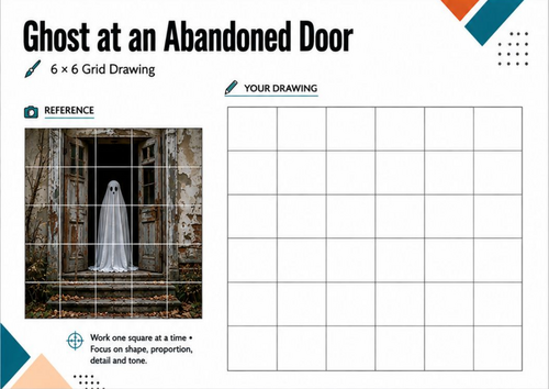 Ghost at an Abandoned Door Grid Drawing | Halloween Art Worksheet | KS3 KS4