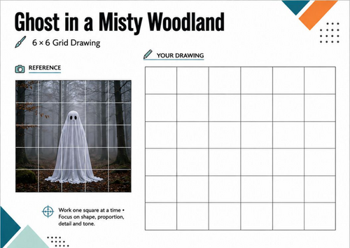 Ghost in a Misty Woodland Grid Drawing | Halloween Art Worksheet | KS3 KS4