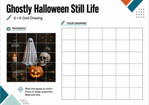 Ghostly Halloween Still Life Grid Drawing | Halloween Art Worksheet | KS3 KS4